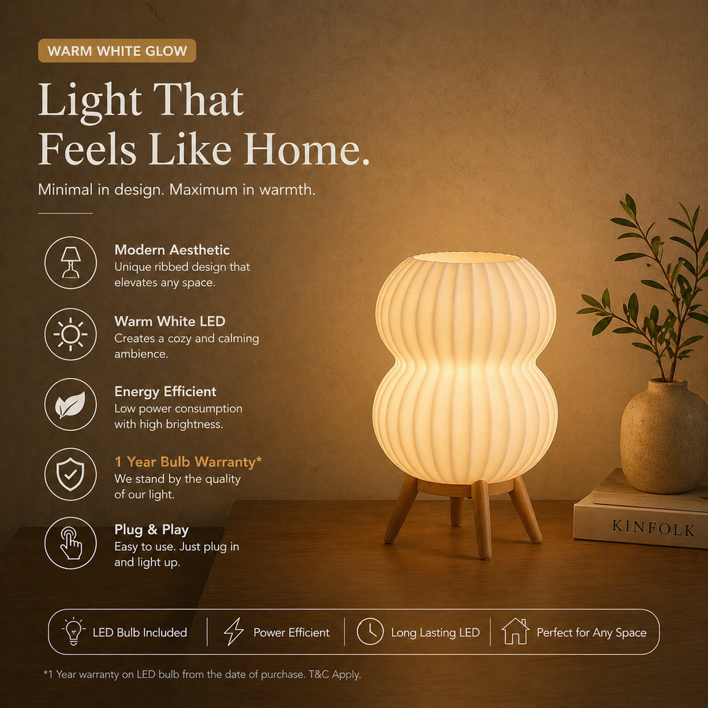 AuraGlow Modern Ribbed Table Lamp with Stand | Warm White LED | 1-Year Warranty