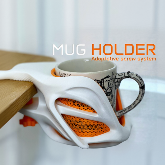 Mug holder with adaptive screw system holding a mug on a wooden surface.